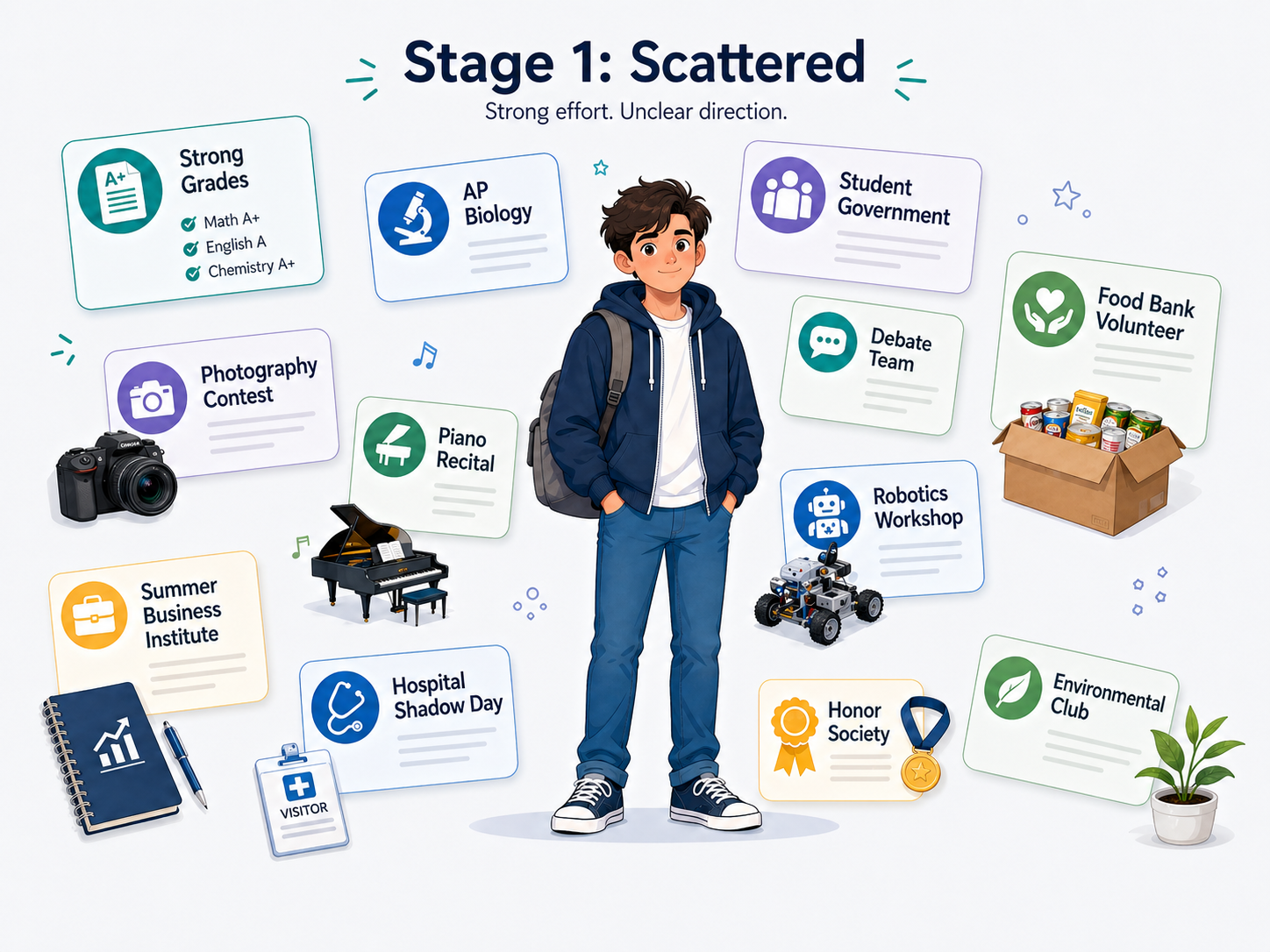 Student surrounded by many disconnected activities and accolades